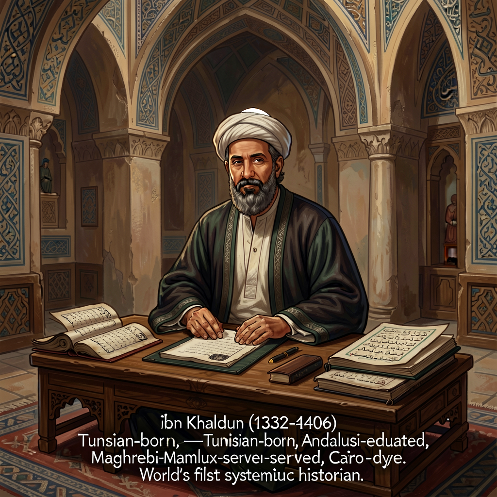 Illustrated portrait of ibn Khaldun (c. 1370 stylized — no contemporary portraits survive) in Maghrebi-Maliki scholar's 