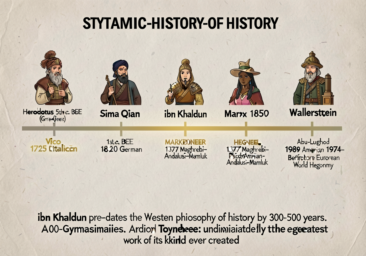Timeline chart showing systematic-history-of-history milestones. Herodotus (5th c. BCE Greek). Sima Qian (1st c. BCE Chi