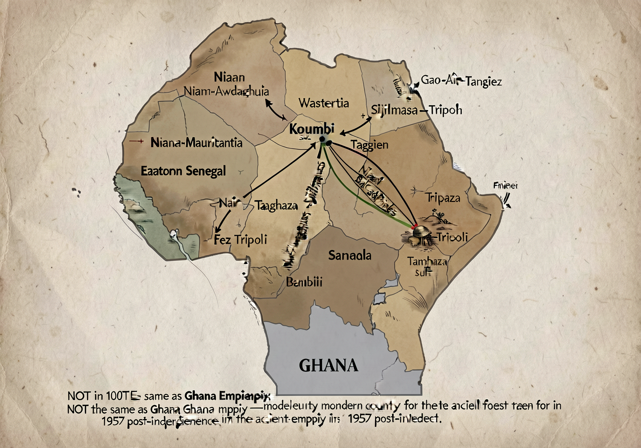 Detailed map showing Ghana Empire (Wagadou) c. 1000 CE territory boundaries spanning present-day southern Mauritania + w