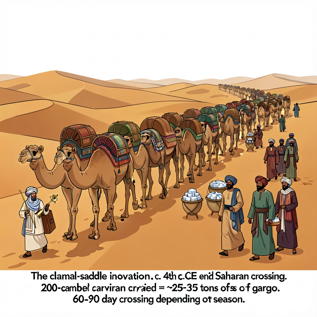 Illustration of a trans-Saharan camel caravan c. 1000 CE crossing the Sahara. Shows: 200-camel caravan walking single-fi