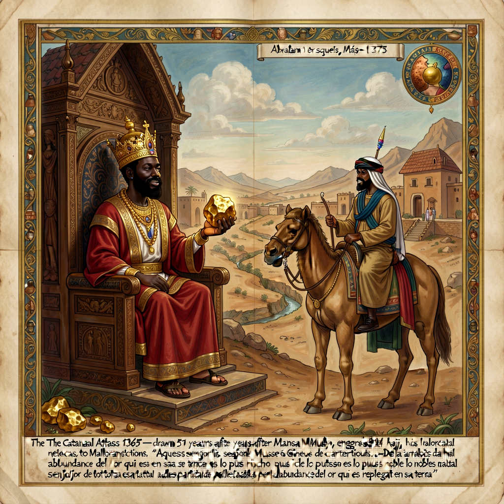 Reproduction of the Catalan Atlas 1375 (Abraham Cresques, Majorca) showing the iconic Mansa Musa portrait — Mali Emperor