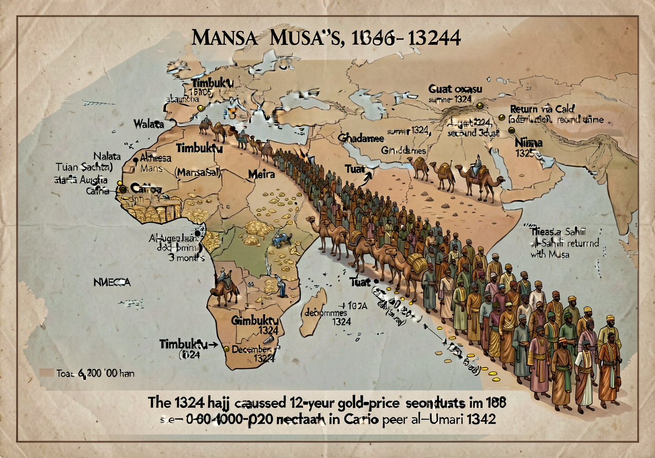 Detailed route map showing Mansa Musa's 1324 hajj route from Niani (Mali capital) → Walata → Timbuktu (where Mansa joine