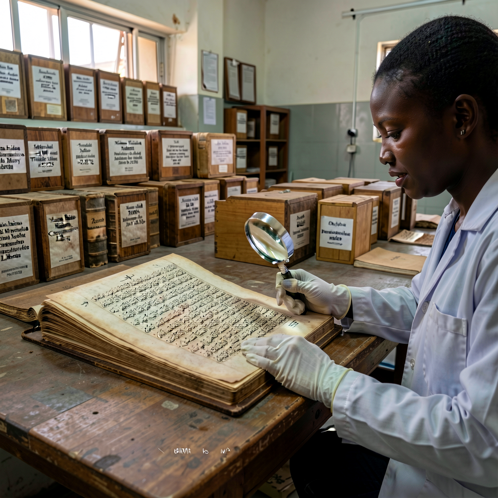Contemporary 2024 photo of Mamma Haidara Commemorative Library manuscripts in Bamako conservation facility. Shows: a 15t