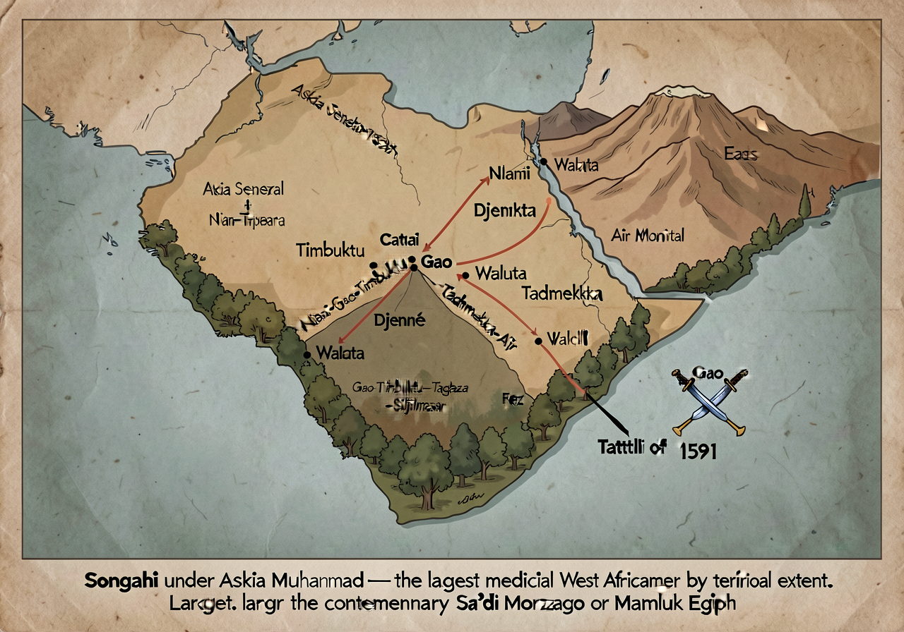 Map showing Songhai Empire territorial extent c. 1500-1591 under Askia Muhammad I dynasty. Boundaries from upper Senegal