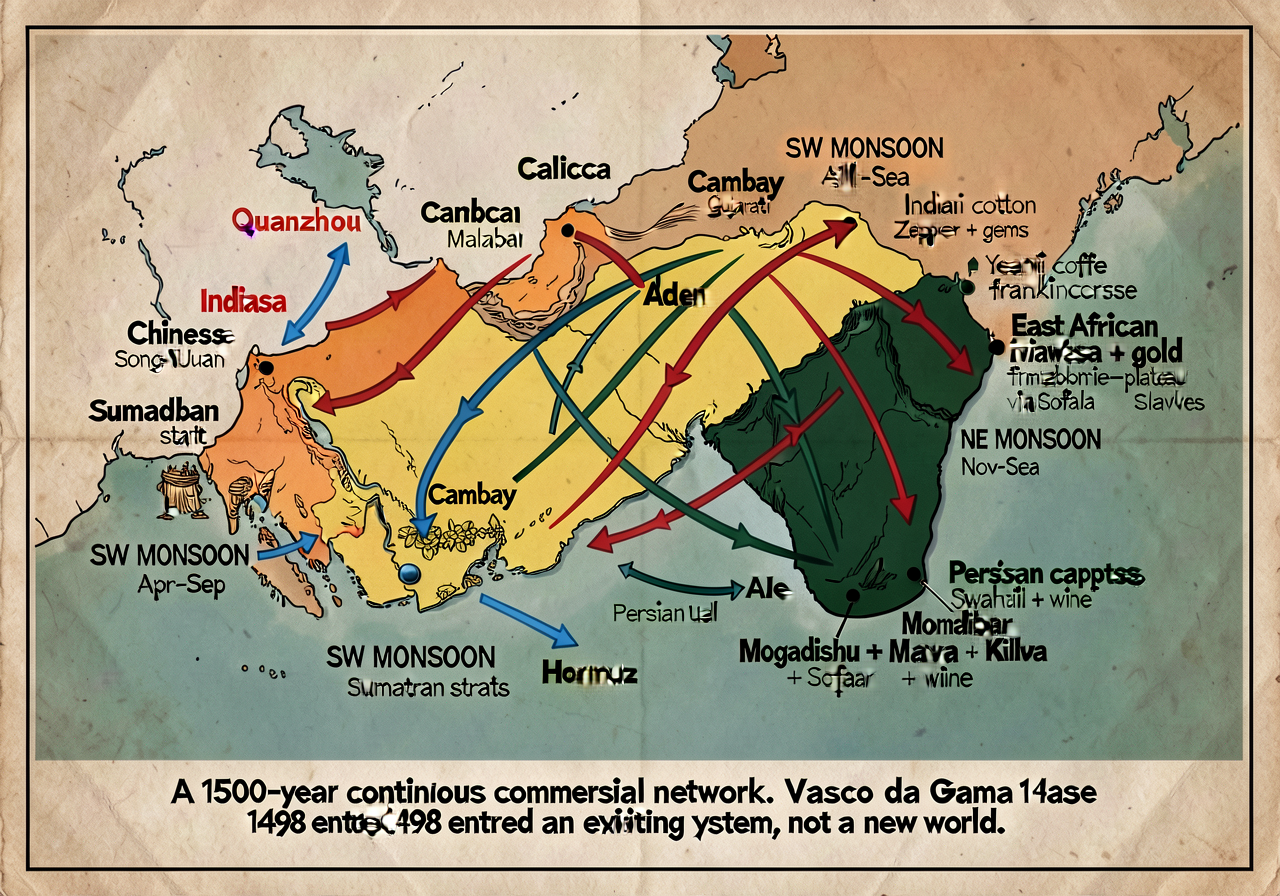Detailed map showing Indian Ocean monsoon trade network c. 1300 CE. Major ports color-coded: Quanzhou (Chinese Song-Yuan