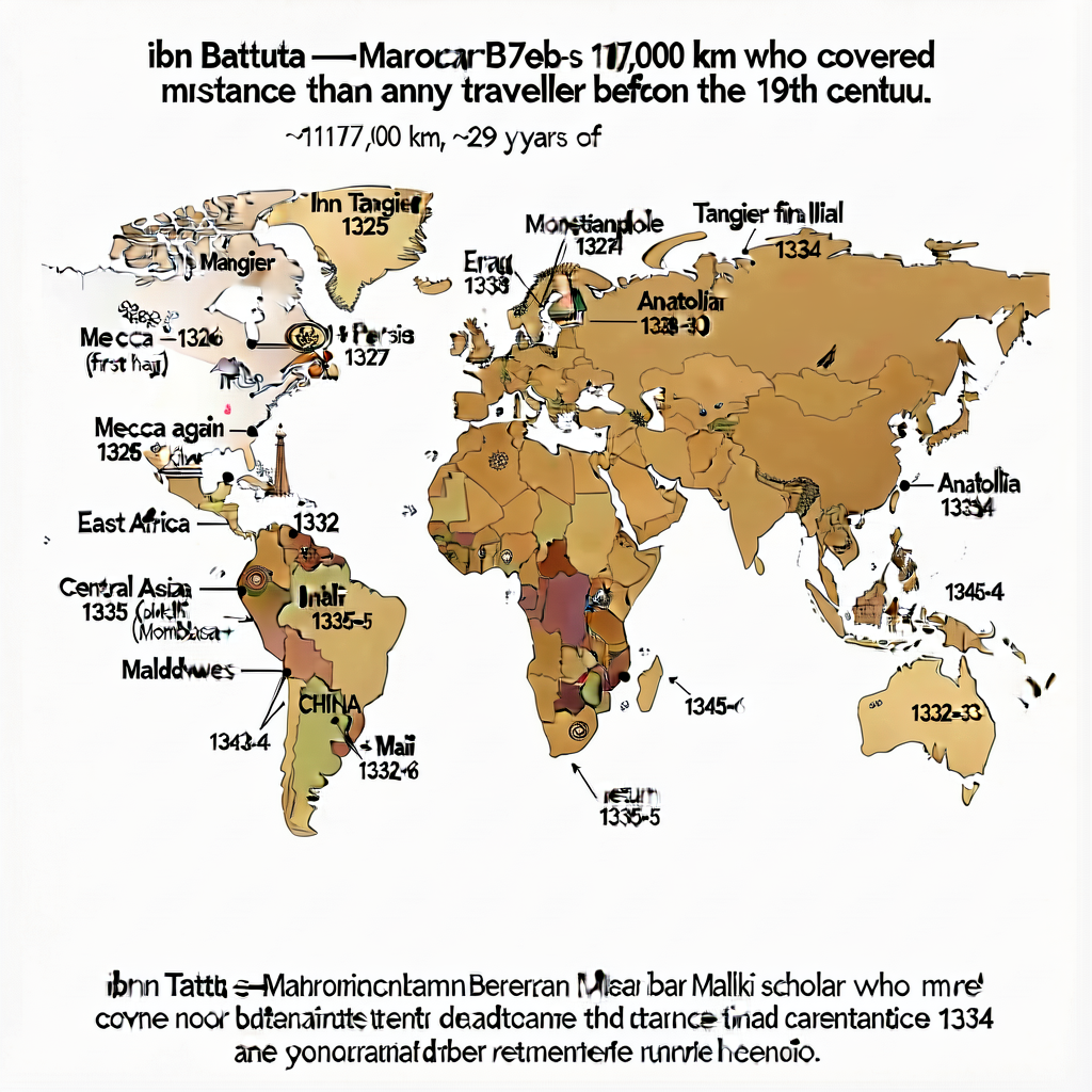 Diagram of ibn Battuta's 117,000 km route 1325-1354. Marked stops with dates: Tangier 1325 departure → Mecca 1326 (first