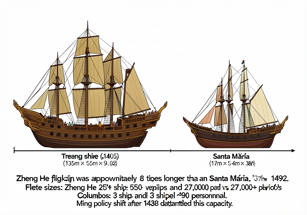 Scale comparison diagram showing Zheng He's flagship Treasure Ship c. 1405 (~135m long × ~55m wide × ~7 masts × ~9 sails