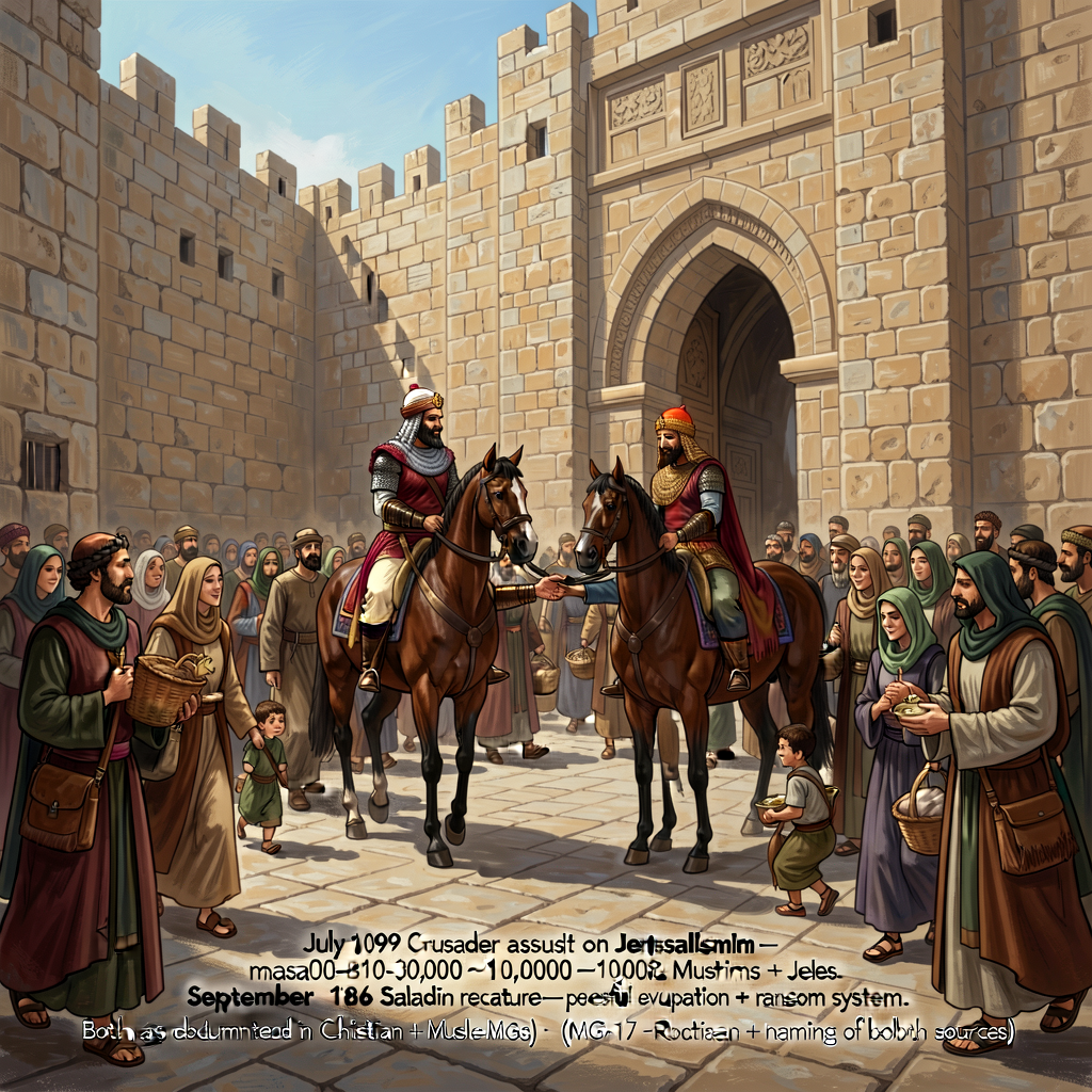 Historical illustration depicting Saladin's September 1187 peaceful recapture of Jerusalem. Shows Saladin on horseback a