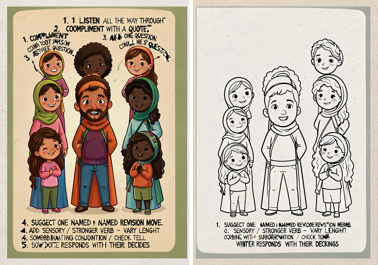 Peer-edit 6-move protocol bookmark (print-ready 2x7 inches): 1. LISTEN all the way through. 2. COMPLIMENT WITH A QUOTE. 