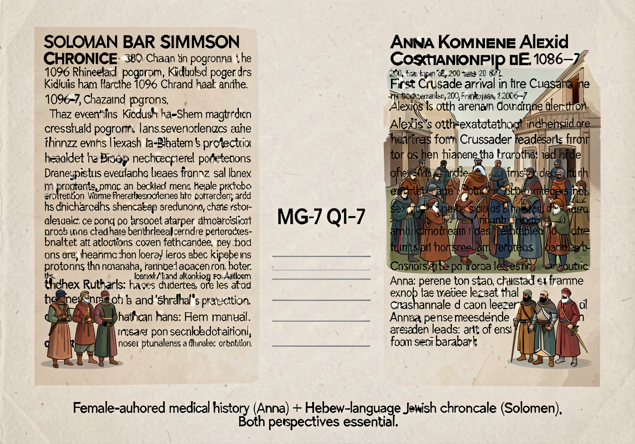 Side-by-side primary-source excerpts 11x17 inches. LEFT: Solomon bar Simson Chronicle excerpt (300 words, Chazan 1987 tr