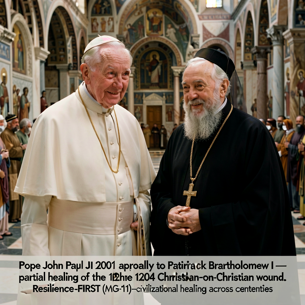 Contemporary 2001 photo of Pope John Paul II + Ecumenical Patriarch Bartholomew I together. The 2001 papal apology parti