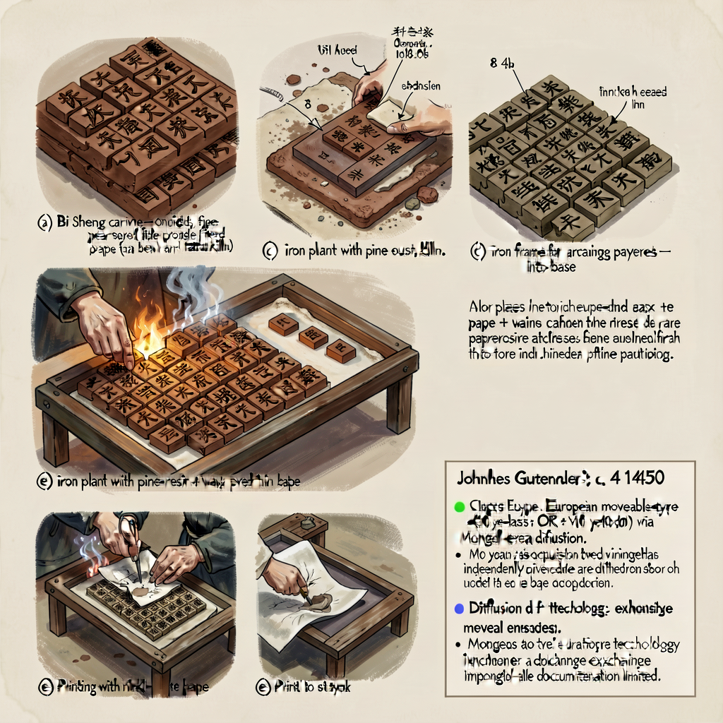 MG-18 11x17 inch illustrated diagram of Bi Sheng's 1040 CE moveable-type printing process from Shen Kuo's 1088 descripti