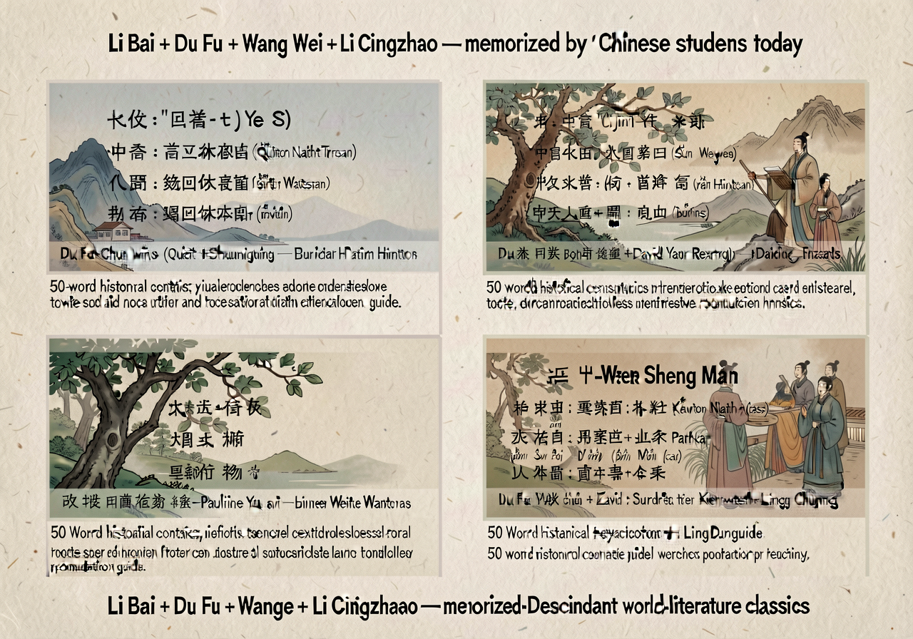 Four-poem handout: (1) Li Bai 'Jing Ye Si' (Quiet Night Thoughts) — Chinese characters + pinyin + Burton Watson trans; (