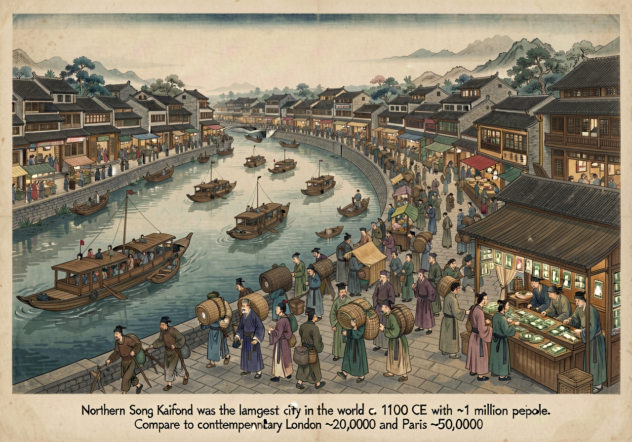 Reproduction of a section of Zhang Zeduan's 'Qingming Shanghe Tu' (Along the River During Qingming Festival) c. 1100 CE 