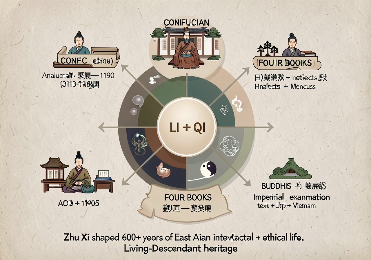 Diagram showing Zhu Xi's Neo-Confucian synthesis. Central concept: LI (principle, metaphysical pattern) + QI (material f