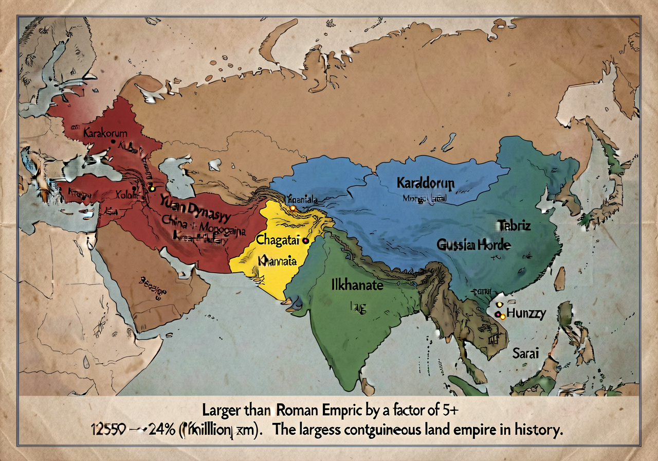 Detailed map showing Mongol Empire maximum extent c. 1259 — ~24 million sq km (16% of Earth's land surface), Korean peni