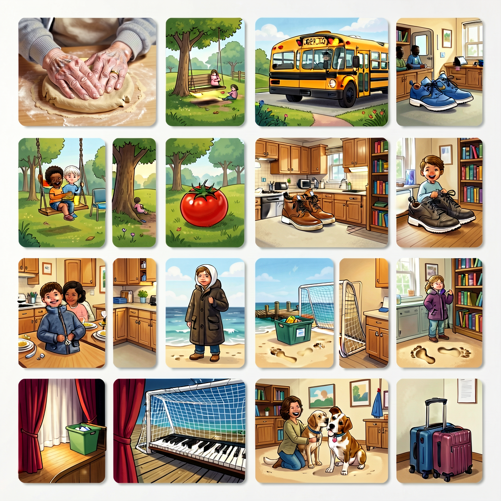 Photograph set of 18 heart-map prompt-prime cards (visible only if a child gets stuck): a grandparent's hand on dough, a