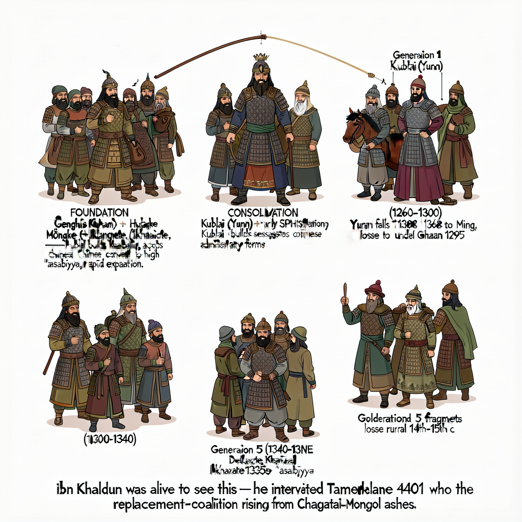 MG-19 template applied to Mongol Empire dynastic cycle. Generation 1 Genghis Khan + Ögedei + Möngke (1206-1259): FOUNDAT