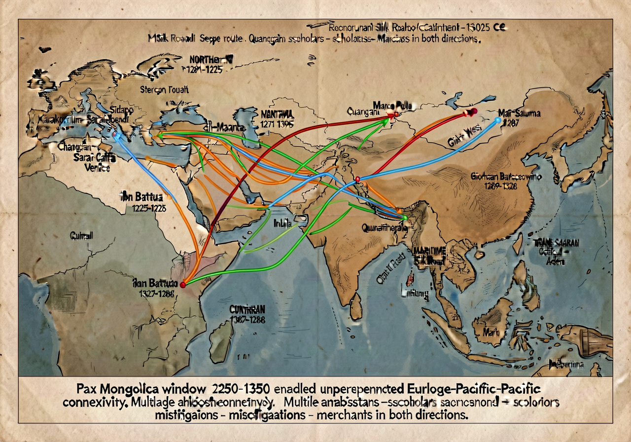 Detailed map showing Silk Roads multi-network c. 1300 CE with multiple route layers: NORTHERN Steppe route (Karakorum-Sa