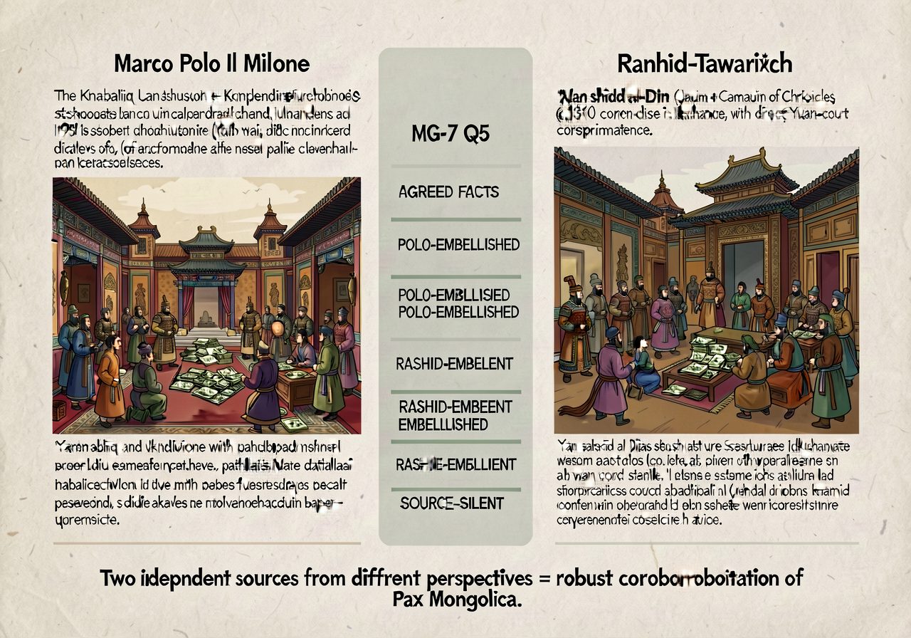 Side-by-side primary-source excerpts 11x17 inches. LEFT: Marco Polo Il Milione excerpt (250 words, Latham 1958 trans) on