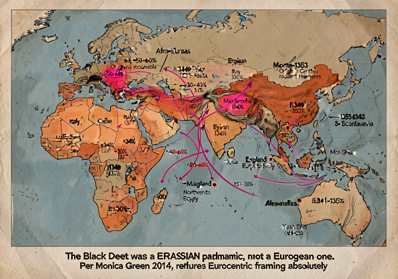 Map of Afro-Eurasia c. 1346-1353 showing Black Death diffusion paths. Origin in Central Asian rodent reservoirs (marked 