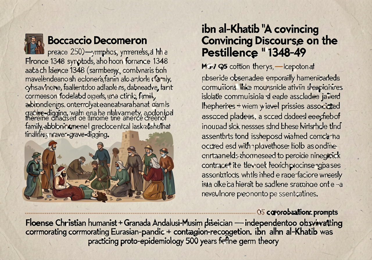 Side-by-side primary-source excerpts. LEFT: Boccaccio Decameron preface excerpt (250 words on Florence 1348 — symptoms, 