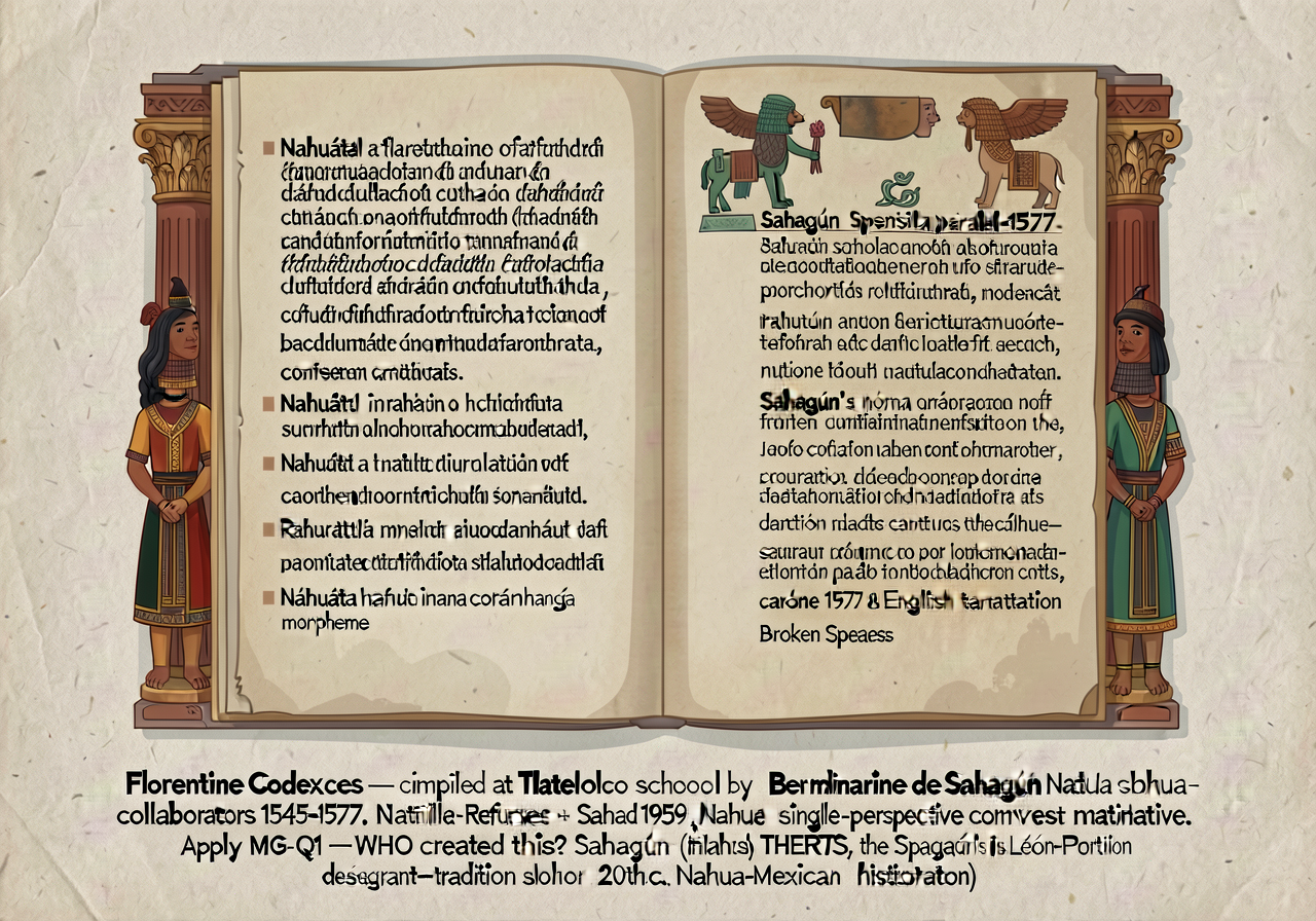 Reproduction of Florentine Codex Book 12 (on the Conquest) page showing Nahua side-by-side with Spanish columns. Left co