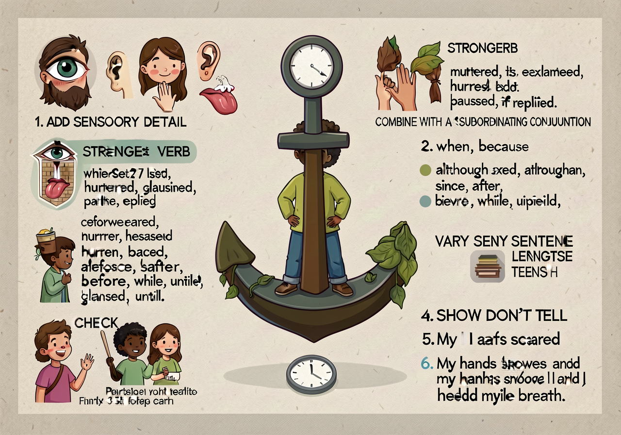 Revision-moves anchor (Grade 3 menu, expanded from G2's 5 moves to 6): 1. ADD SENSORY DETAIL (eye, ear, nose, hand, tong