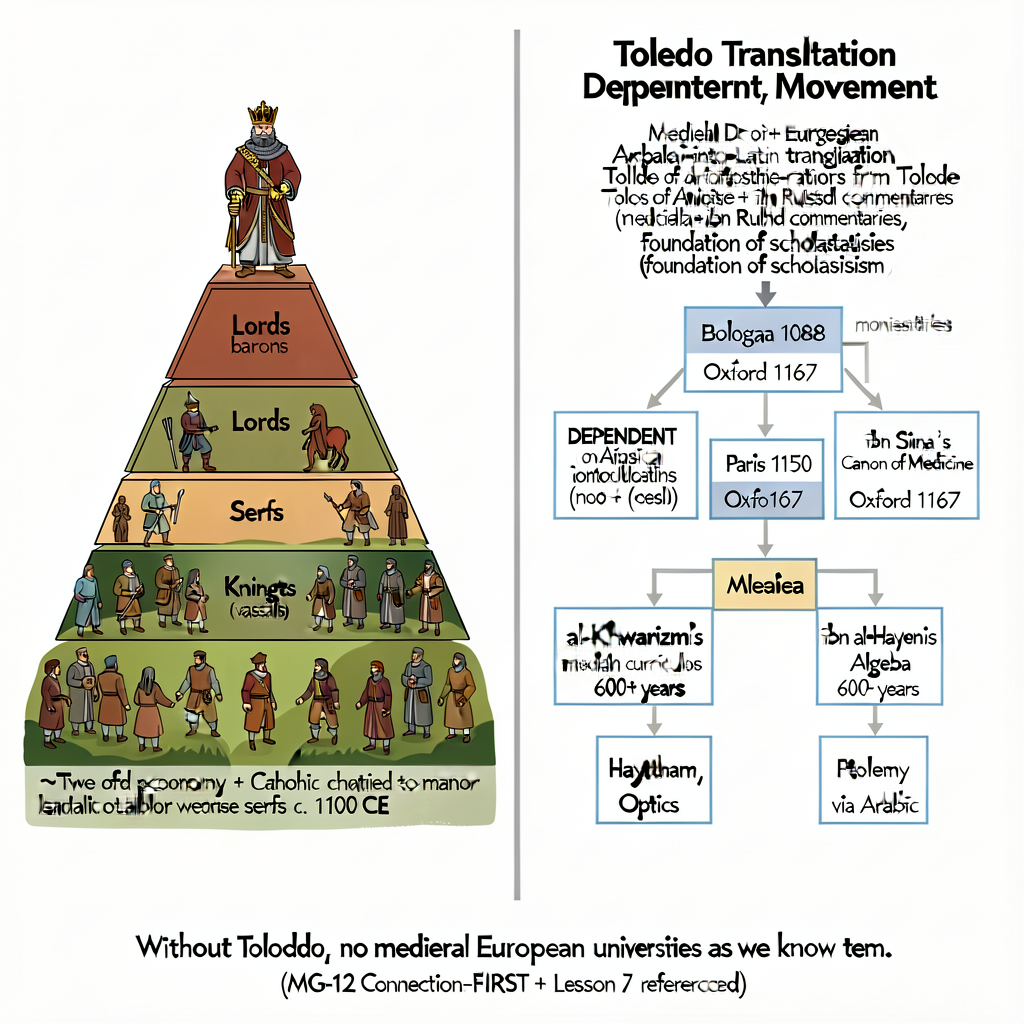 Two-panel diagram. (left) Feudal pyramid showing King → Lords (barons) → Knights (vassals) → Serfs (with land + labor ob