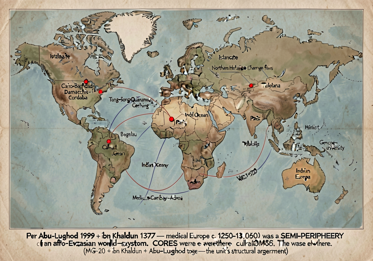 Reproduction of Abu-Lughod's 1989 thirteen-circuit world system map of Afro-Eurasia c. 1250-1350. THREE CORES marked wit