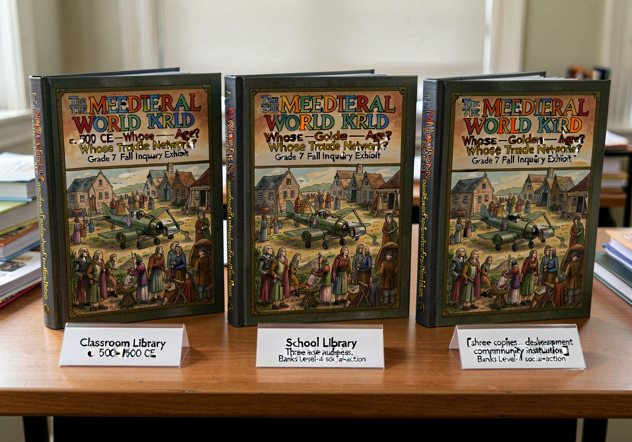 Photograph of three identical bound copies of the Medieval World Inquiry Exhibit storybook on a desk. Each ~80-100 pages