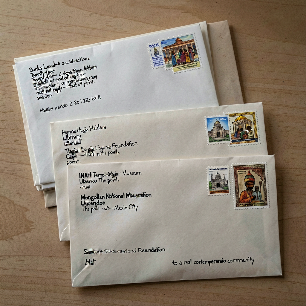Photograph of envelopes addressed to five descendant-community institutions (Mamma Haidara Commemorative Library Bamako;