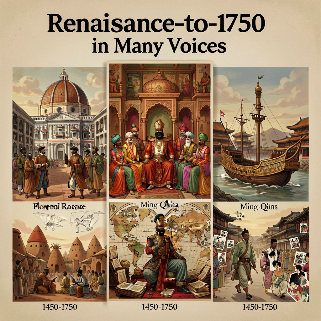 Unit-opener splash — 'Renaissance-to-1750 in Many Voices' — a 24x36 inch poster showing six early-modern formations side