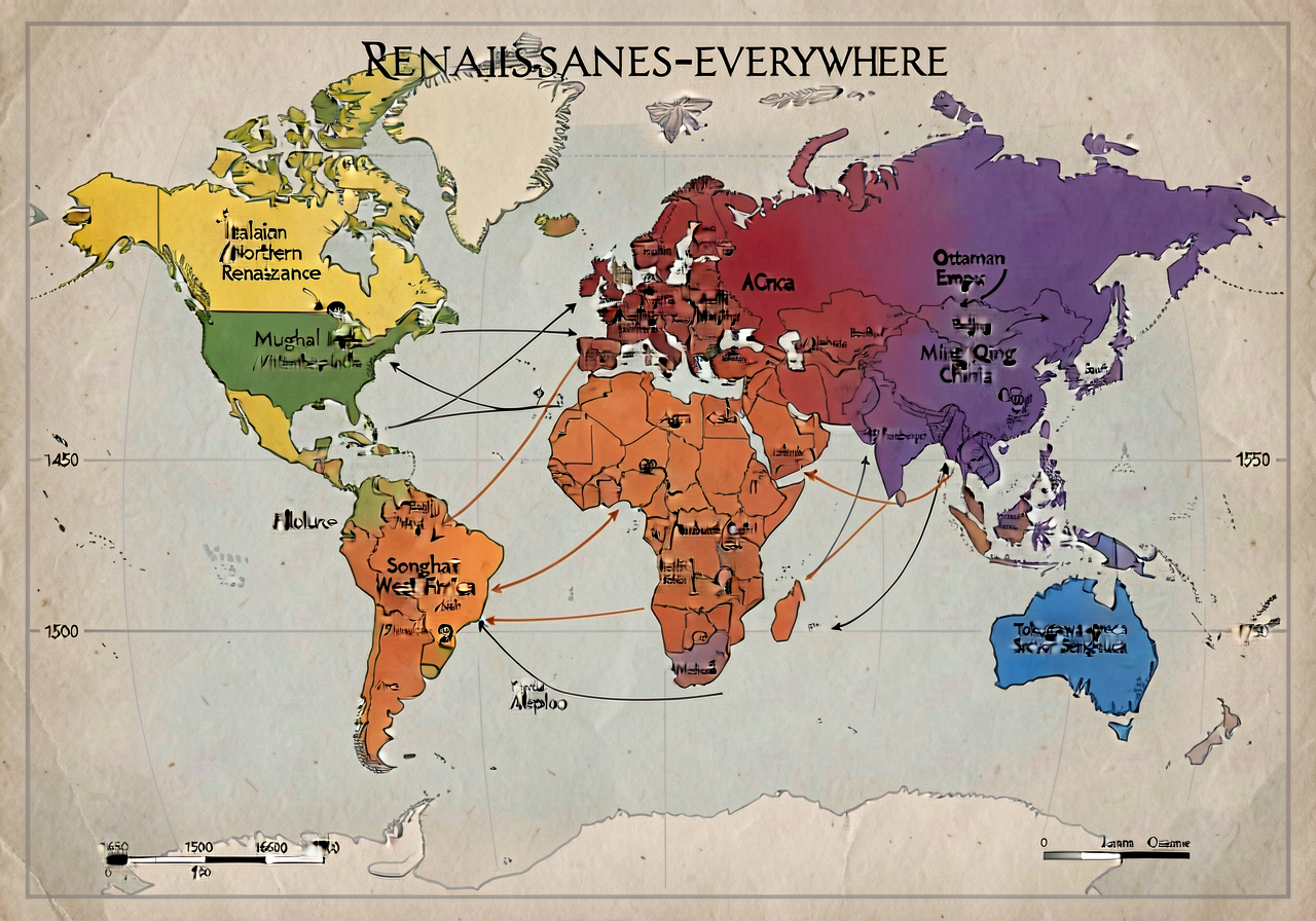 RENAISSANCES-EVERYWHERE Atlas — 24x36 inch wall display showing 1500 CE world with six early-modern formations color-cod