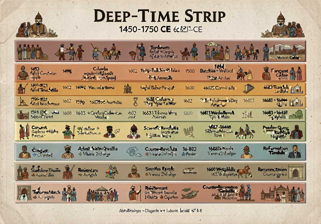 Deep-Time Strip 1450-1750 CE — 36x12 inch laminated strip showing six parallel bands for six formations + Atlantic Slave