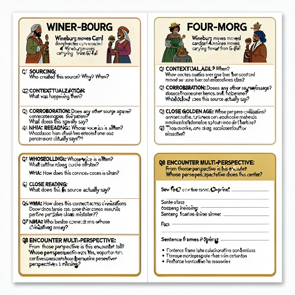 FOUR-MOVE Wineburg Source Card extended — laminated 8.5x11 double-sided with all 7 questions and 4 Wineburg moves carryi