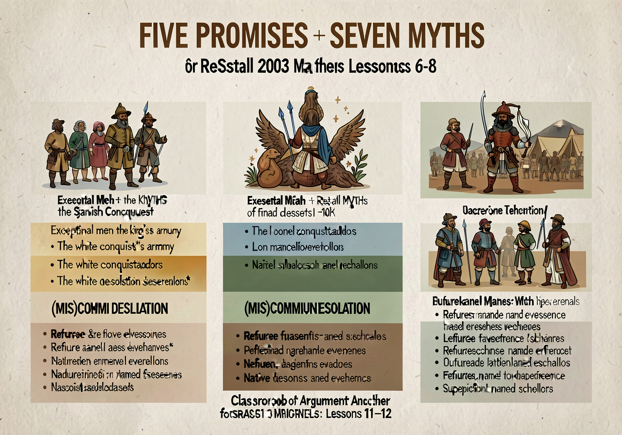 FIVE PROMISES + SEVEN MYTHS combined poster — extends MG-5 with Restall 2003 SEVEN MYTHS of the Spanish Conquest poster 