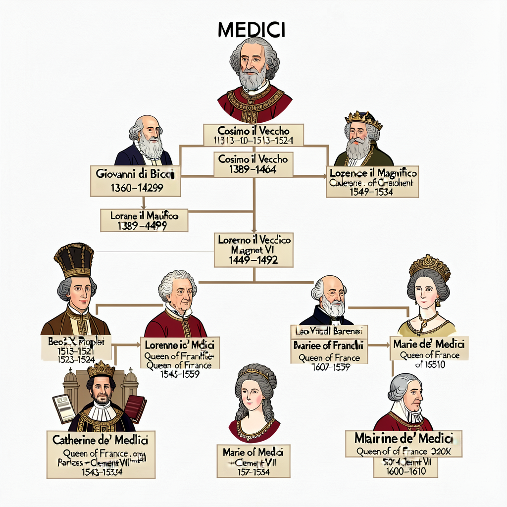 MEDICI Family Tree — 18x24 inch diagram from Giovanni di Bicci (1360-1429) through Cosimo il Vecchio (1389-1464) through