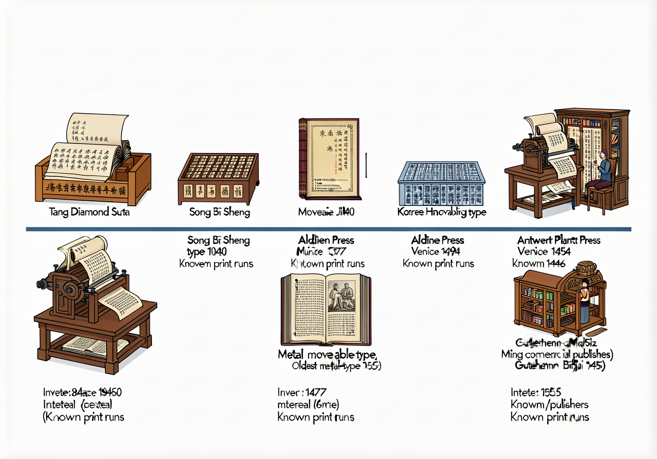 GUTENBERG vs BI SHENG vs JIKJI Comparative Timeline — 36x12 inch laminated strip showing printing-press technology acros