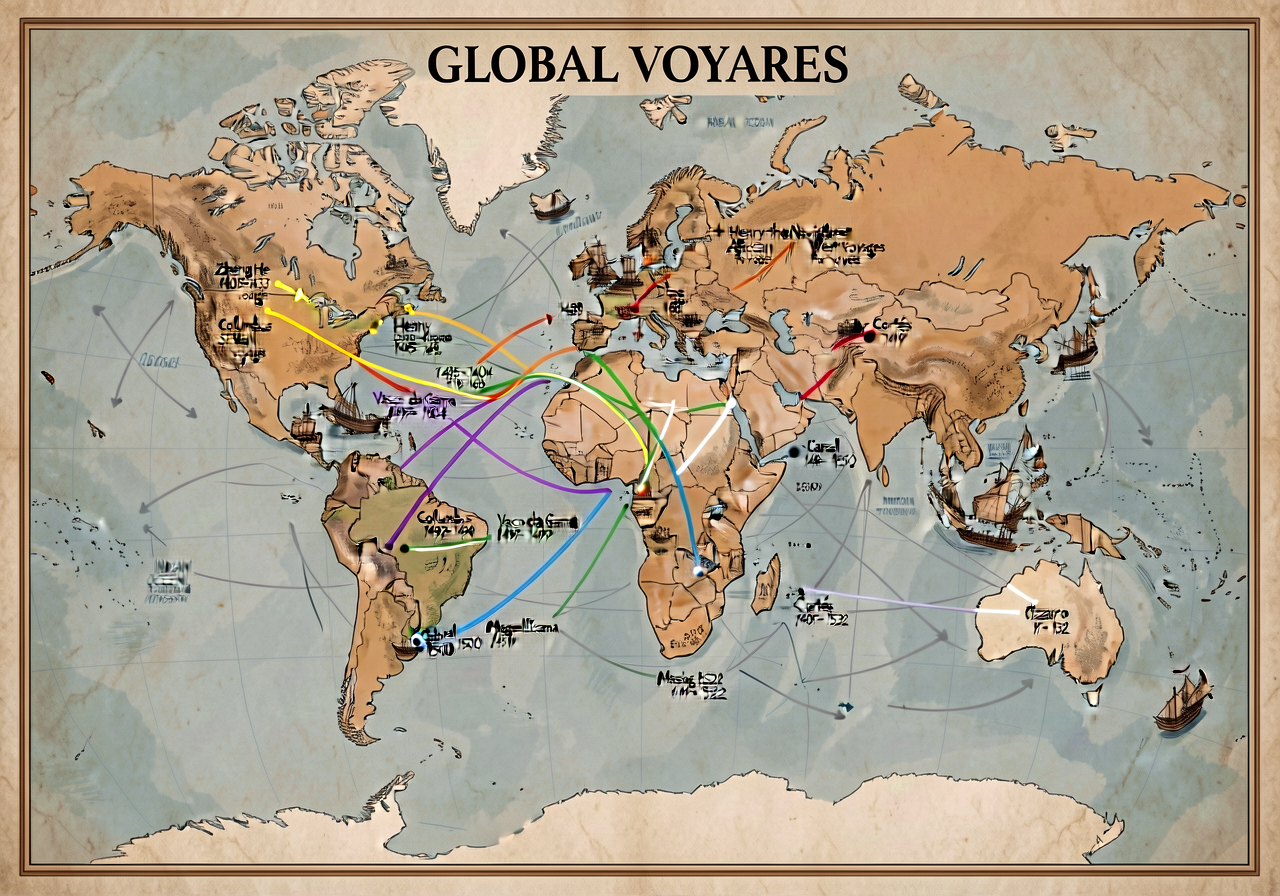 GLOBAL VOYAGES Atlas — 30x36 inch wall map showing all major global voyages 1405-1525 with color-coded routes: Zheng He 