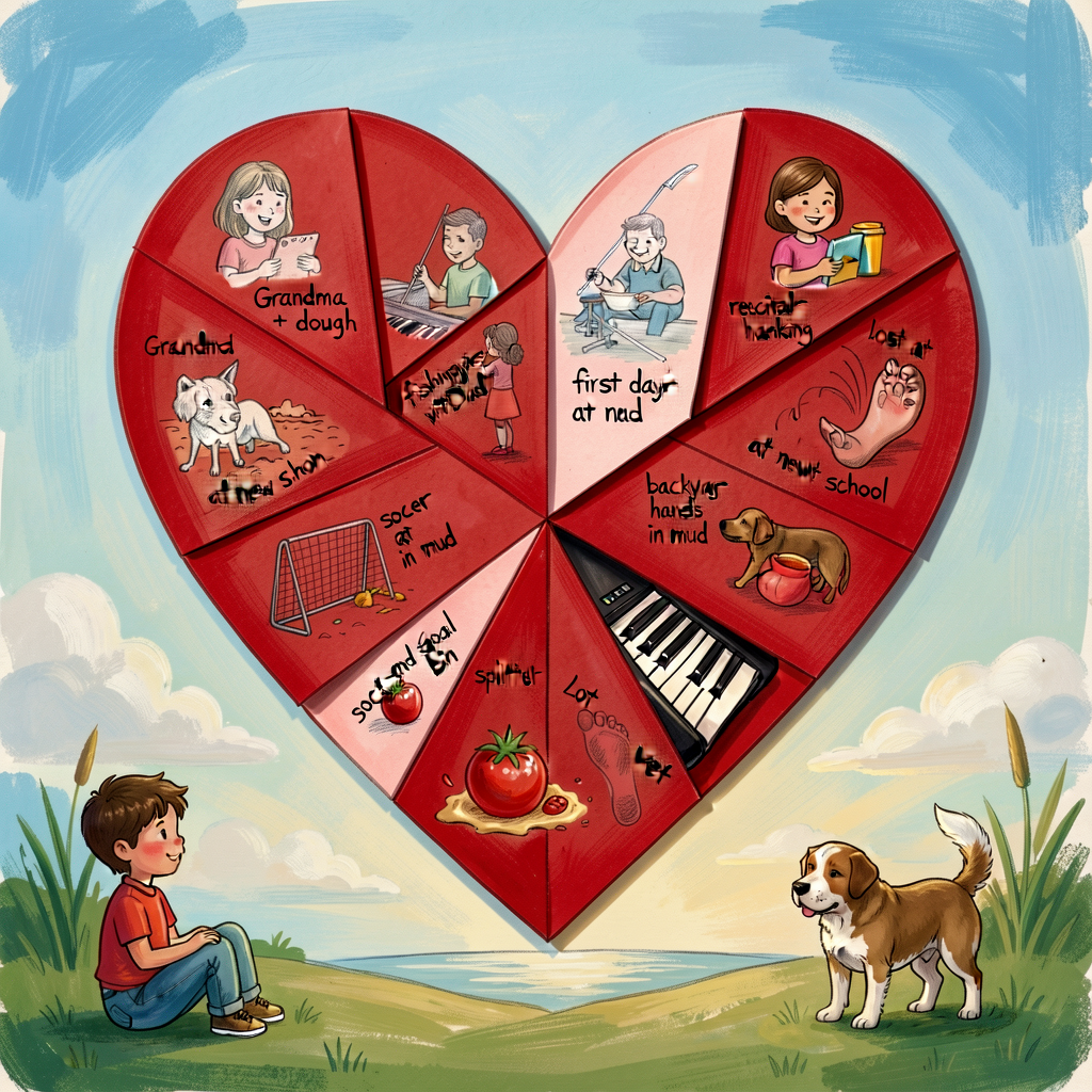 Reference image of a completed Grade-3 heart-map: a large red paper heart divided into 10 wedges, each containing a tiny