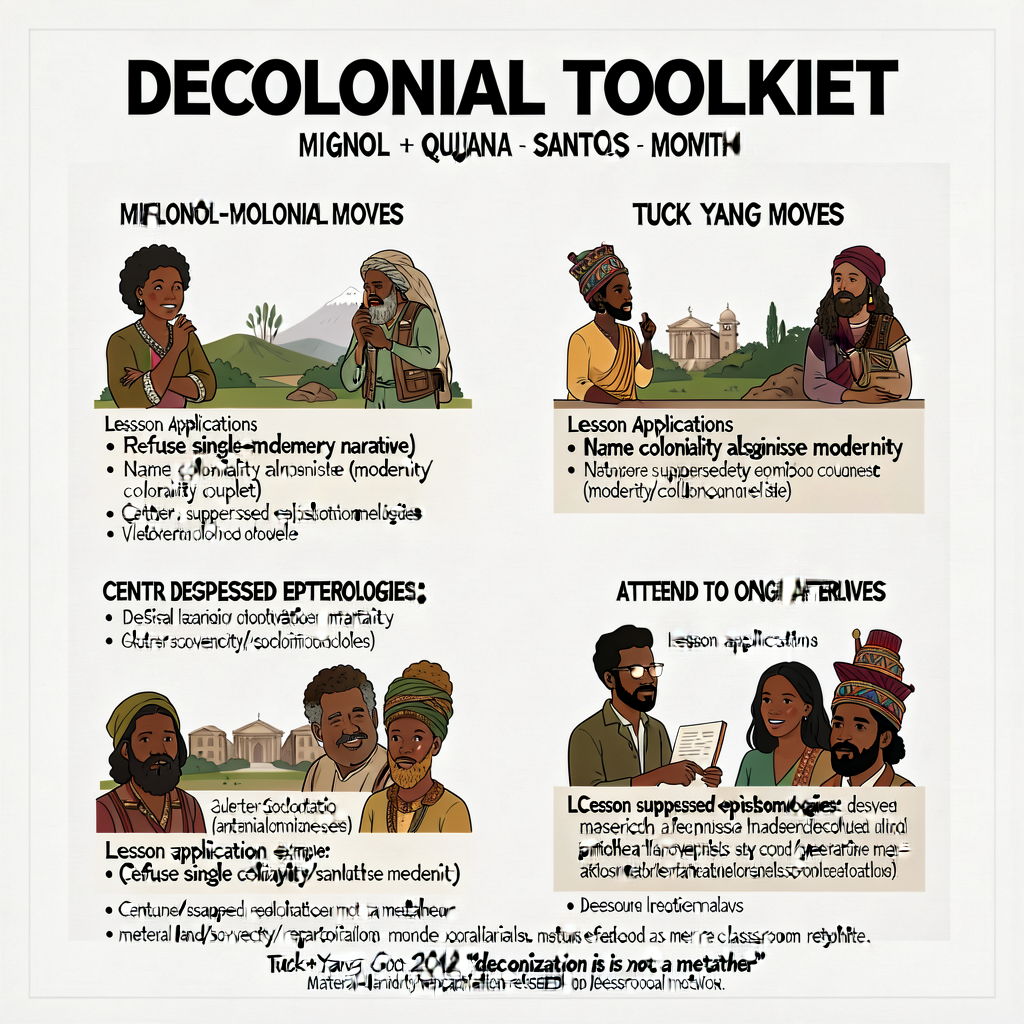 DECOLONIAL TOOLKIT poster — 18x24 inch wall poster summarizing Mignolo + Quijano + Santos + Tuck + Yang + Smith decoloni