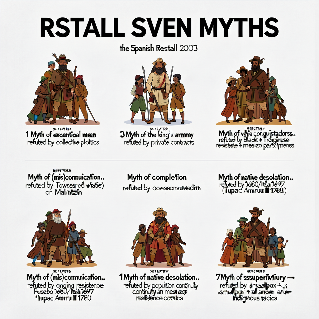 RESTALL SEVEN MYTHS poster — 24x36 inch laminated naming all 7 myths of the Spanish Conquest per Restall 2003 with named