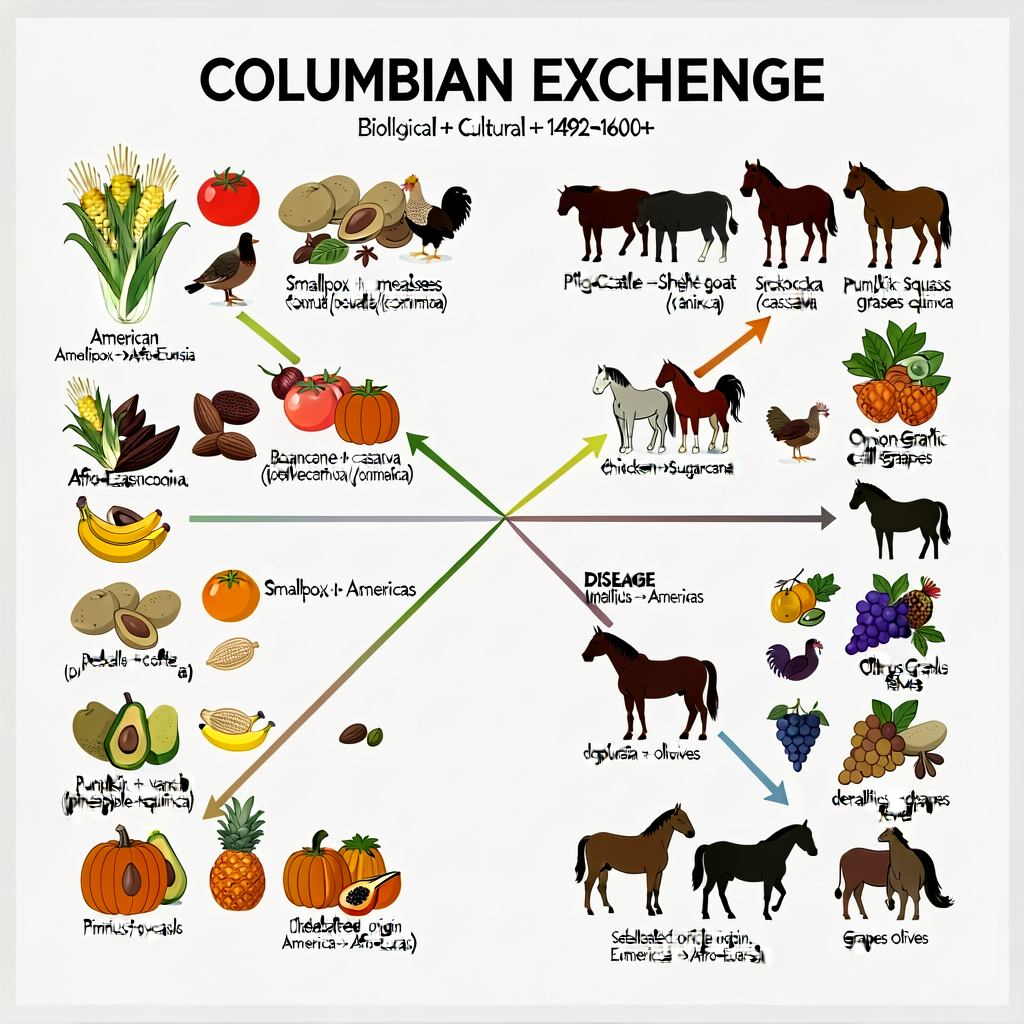 COLUMBIAN EXCHANGE diagram — 24x36 inch wall poster showing two-way biological + cultural + ecological flows 1492-1600+.