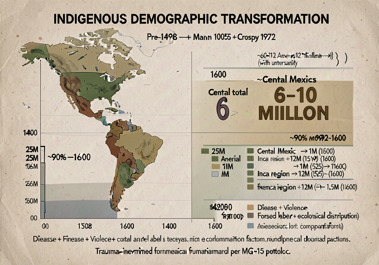 INDIGENOUS DEMOGRAPHIC TRANSFORMATION graph 1492-1600 — 18x24 inch chart showing population data per Cook 1998 + Mann 20