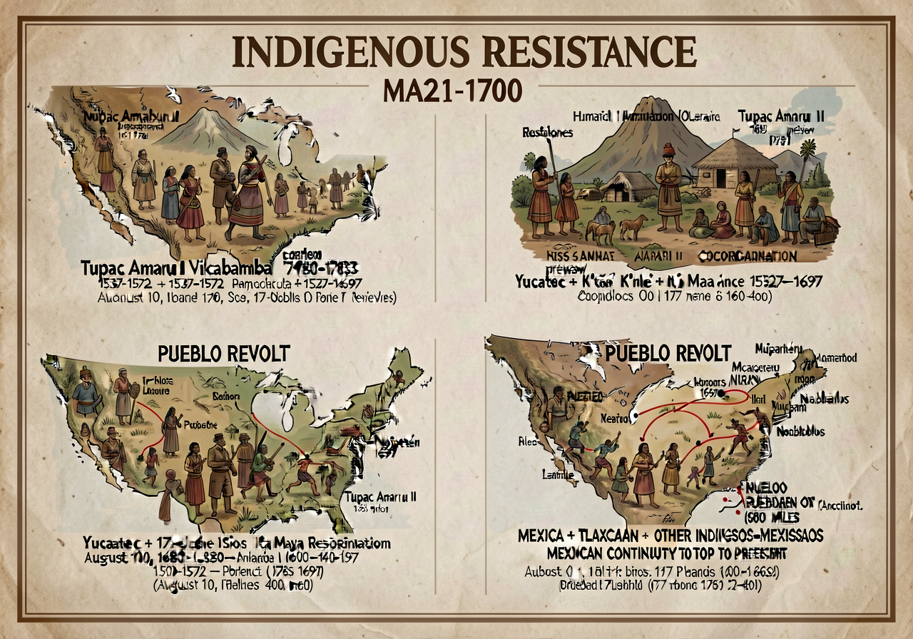 INDIGENOUS RESISTANCE map 1521-1700 — 24x36 inch wall poster showing four major resistance centers: (1) Tupac Amaru I Vi