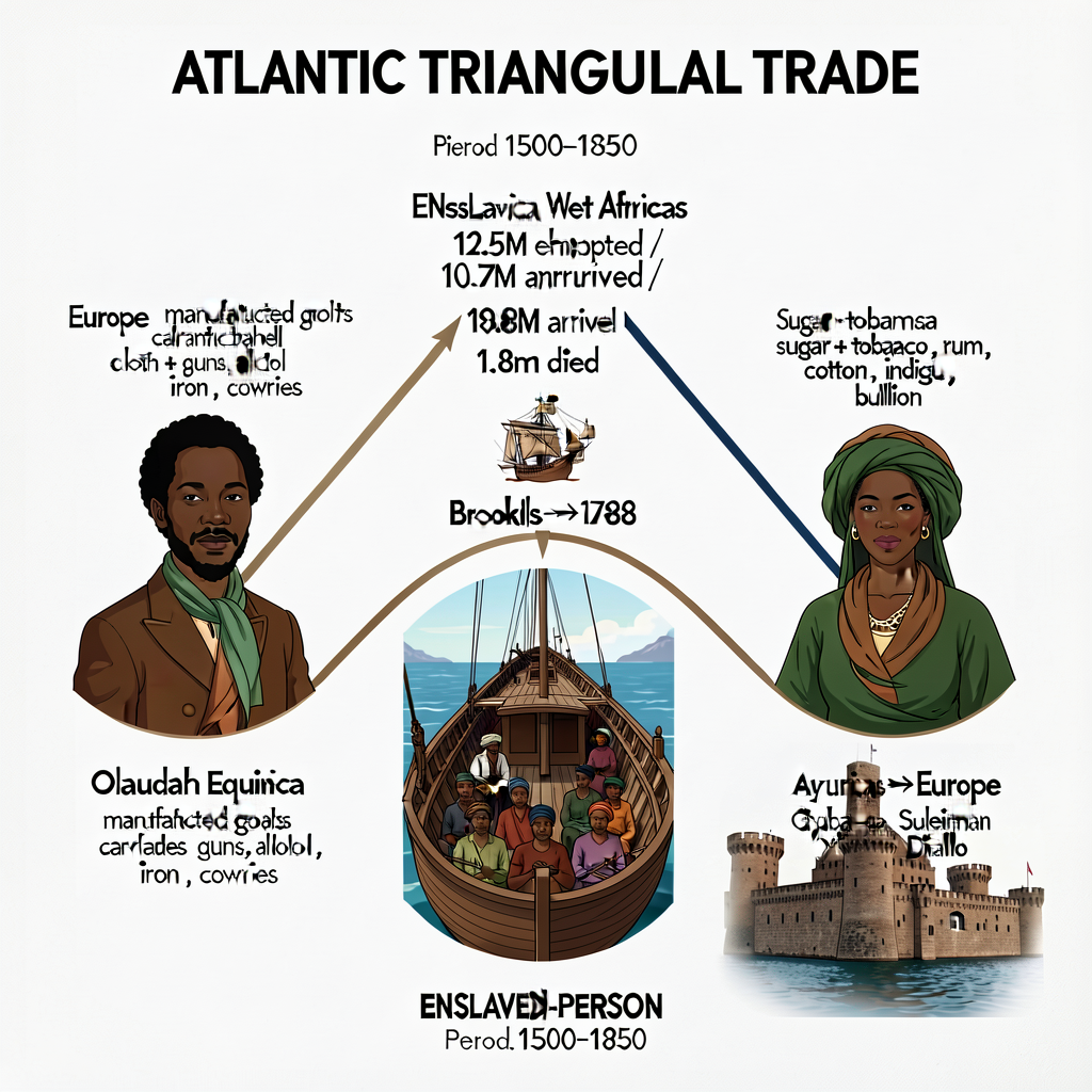 ATLANTIC TRIANGULAR TRADE diagram — 24x36 inch wall poster showing three legs: (1) Europe → West Africa carrying manufac