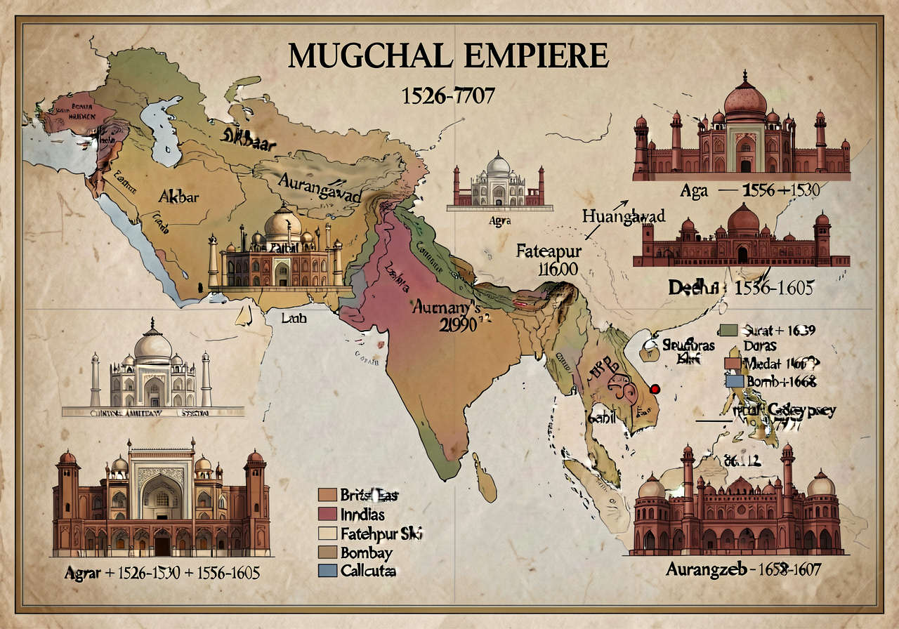 MUGHAL EMPIRE map 1526-1707 — 24x36 inch laminated showing Mughal territorial extent at peak under Aurangzeb 1690s (5.3 