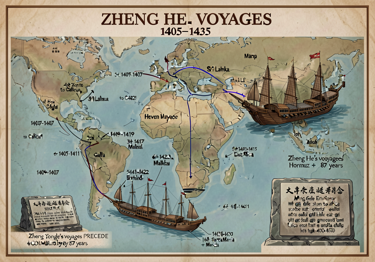 ZHENG HE VOYAGES MAP 1405-1433 — 24x36 inch wall poster showing all SEVEN voyages routes: 1st 1405-1407 to Calicut; 2nd 