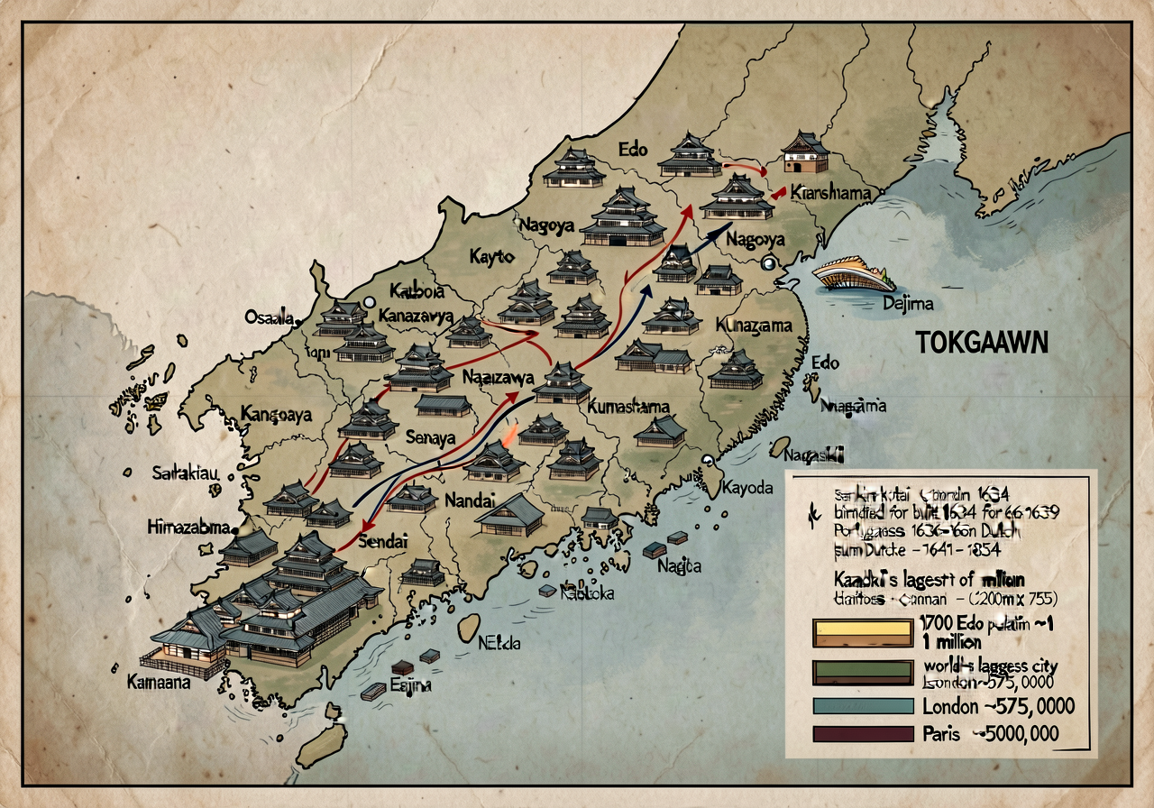 TOKUGAWA JAPAN 1603-1868 map — 18x24 inch laminated showing major castle towns (Edo + Osaka + Kyoto + Nagoya + Kanazawa 